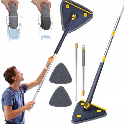 Hooha 2 in 1 Auswringfunktion Fensterputzer Dreieck Fensterreiniger mit Teleskopstiel Stange 127cm Abzieher und 2 Mikrofaserbezug Effizient und Bequem für Fenster/Glas/Boden/Badezimmer (Blau) von Hooha