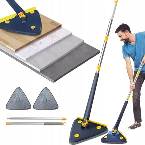 Hooha 2 in 1 Auswringfunktion Mopp Dreieck Wischmopp mit Teleskopstiel Stange 127cm Staubwischer Abzieher und 2 Mikrofaserbezug Wiederverwendbar Waschbar für Fenster/Glas/Boden/Badezimmer (Blau) von Hooha