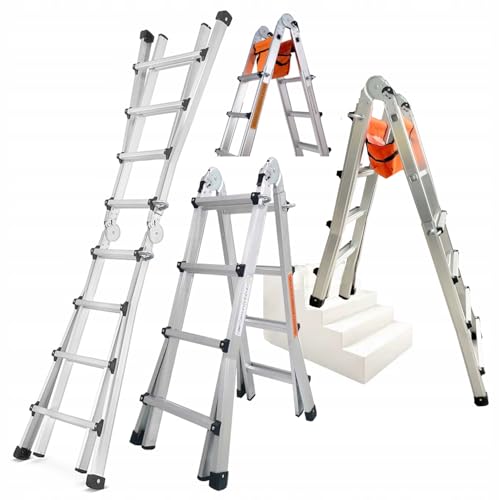 Hooha 3.9M Teleskopleiter 4x4 Multifunktionsleiter 3-in-1 Aluleiter Aluminium Klappleiter Giant 14 Stufen, Max Belastung 150 KG, EN131 mit Werkzeugtasche und Handschuhen, Fur Gartenarbeit, Reinigen Hooha 3.9M Teleskopleiter 4x4 Multifunktionsleiter 3-in-1 Aluleiter Aluminium Klappleiter Giant 14 Stufen, Max Belastung 150 KG, EN131 mit Werkzeugtasche und Handschuhen, Fur Gartenarbeit, Reinigen von Hooha