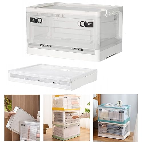 Hooha Aufbewahrungsbox Organizer mit Deckel, 56L Groß Stapelbare Kisten,(Weiß) Transparent Klappbox Faltbar mit Rollen,Ordnungsboxen Storage Boxes für Büro/Kinderzimmer/Küche/Wohnzimmer von Hooha