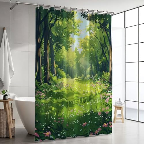 Duschvorhang Grün Duschvorhänge Waschbar Wald Duschvorhang 180x210cm Shower Curtains mit Beschwerter Saum, Wasserdichter Polyester Shower Curtain, Schnell Trocknend Bad Vorhang für Badezimmer XJ-134 von Hooixaag