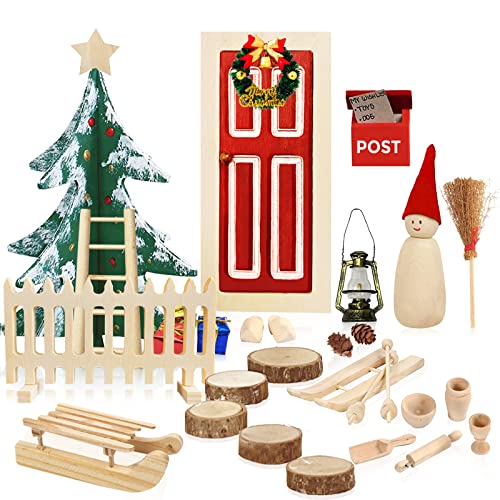 41PCS Wichteltür Set, Wichteltür Zubehör Weihnachten Miniatur Wichtel Set für Kinder, Holz Wichtel Tür Deko mit Briefkasten Stiefel Weihnachtsbaum Zaun Leiter von Hook