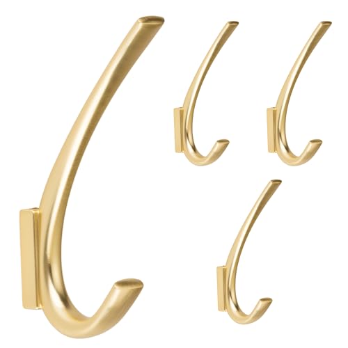 HookNest | 4er-Set Doppel-Wandhaken | Gebürstetes Gold, Zinklegierung, 5 KG Tragkraft | Korrosionsbeständig, platzsparendes Design für Bad, Küche & Garderobe von HookNest