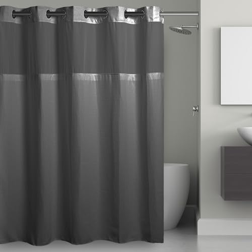 Hookless It's a Snap! Waffel-Duschvorhang, 3-in-1-Duschvorhang, Stoff-Duschvorhang mit durchsichtigem Fenster, Flex-On-Ringen und Stofffutter, 180,3 x 188 cm, Graphitgrau von Hookless