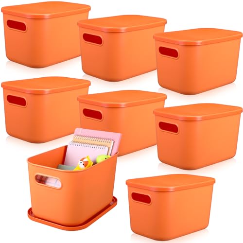 Hoolerry Bunte Aufbewahrungskörbe mit Deckel, Kunststoff-Aufbewahrungskorb, stapelbare Box mit Griff für Regale, Schreibtisch, Spielzimmer, Büro (26,7 x 17,8 x 16,3 cm, Orange), 8 Stück von Hoolerry
