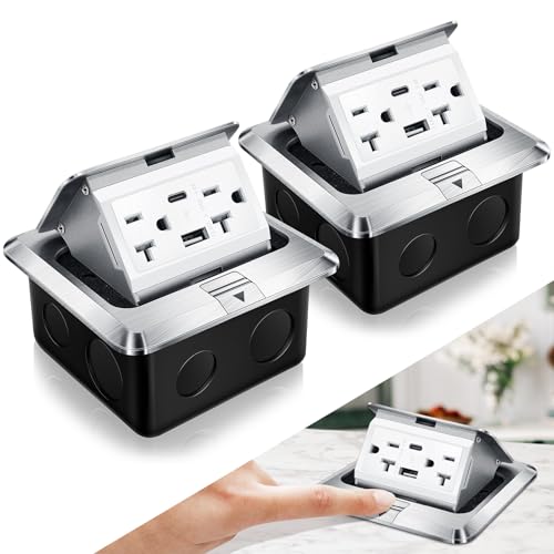 Hoolerry Pop-Up-Bodensteckdosen-Set, wasserdichte Steckdosenabdeckungsbox mit 4,8 A USB-A- und Typ-C-Ladung und manipulationssicherer 20-A-Steckdose für Arbeitsplatte, Büro, Zuhause, 2 Stück (Silber) Hoolerry Pop-Up-Bodensteckdosen-Set, wasserdichte Steckdosenabdeckungsbox mit 4,8 A USB-A- und Typ-C-Ladung und manipulationssicherer 20-A-Steckdose für Arbeitsplatte, Büro, Zuhause, 2 Stück (Silber) von Hoolerry