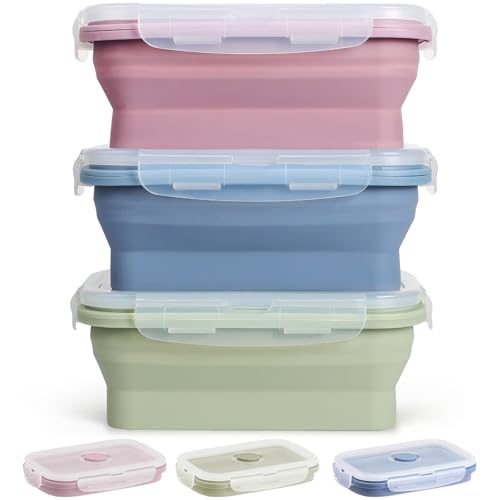 Hooolee® 3 Stück Silikon Faltbare Brotdose, 550ml Frischhaltedosen mit Deckel Bento Box Faltbare Frischhaltedosen Behälter für Mikrowelle, Kühl- und Gefrierschrank, Lunchbox von Hooolee
