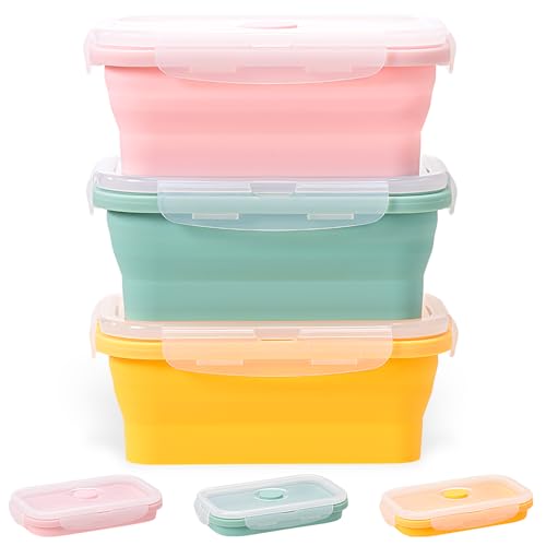 Hooolee® 3 Stück Silikon Faltbare Brotdose, 550ml Frischhaltedosen mit Deckel Bento Box Faltbare Frischhaltedosen Behälter für Mikrowelle, Kühl- und Gefrierschrank von Hooolee