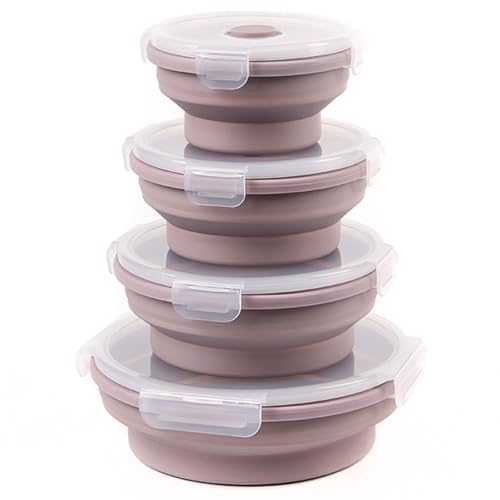 Hooolee® 4er-Set Faltbare Frischhaltedosen, Gerundet Aufbewahrungsbehälter mit Deckel Bento Box aus Silikon Faltbare Brotdose Behälter für Mikrowelle, Kühl- und Gefrierschrank Lunchbox, Rosa von Hooolee