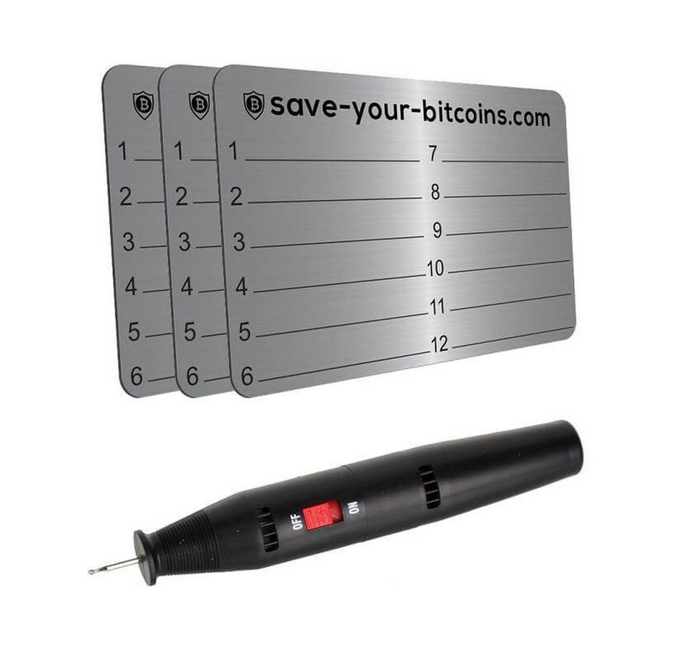 Hoopomania Graviergerät Hardware wallet seed phrase - 3 Edelstahl Platten (V4A) + Gravierstift, Spar-Set von Hoopomania