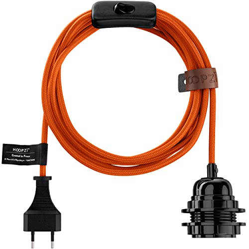 Hoopzi - Bala - Fassung e27 mit Kabel - Lampenfassung e27 mit Kabel und Schalter - Textilkabel mit Fassung - Lampenkabel - Pendelleuchte - 4,5 Meter - 36 Farben - Orange von Hoopzi