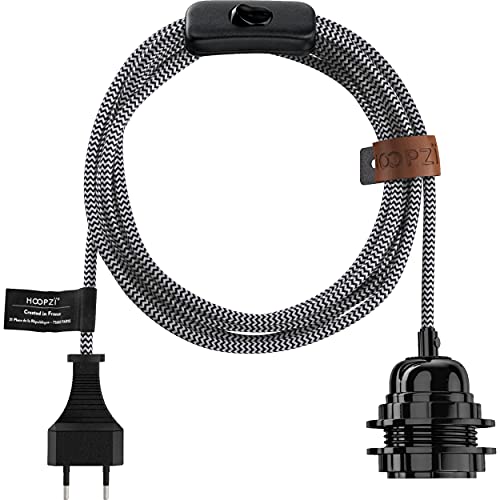 Hoopzi - Bala - Fassung e27 mit Kabel - Lampenfassung e27 mit Kabel und Schalter - Textilkabel mit Fassung - Lampenkabel - Pendelleuchte - 4,5 Meter - 36 Farben - Schwarz-Weiß Zickzackkurs von Hoopzi