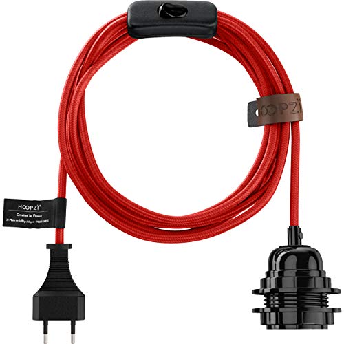 Hoopzi - Bala - Fassung e27 mit Kabel - Lampenfassung e27 mit Kabel und Schalter - Textilkabel mit Fassung - Lampenkabel - Pendelleuchte - 4,5 Meter - 36 Farben - Rot von Hoopzi