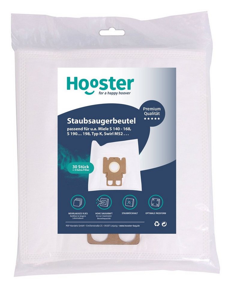 Hooster Staubsaugerbeutel passened für Miele AirClean Typ K / Swirl M52, 30 St., mehrlagiges Premium Vlies für hohes Saugvermögen von Hooster