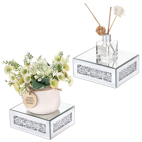 Hoowen Kleine schwebende Regale, 2 Stück, 12,7 cm, silberfarben, zerkleinertes Diamant-Glasregal, Wanddekoration für Wohnzimmer, Badezimmer, Schlafzimmer, elegante verspiegelte Kristall-Erhöhung Hoowen Kleine schwebende Regale, 2 Stück, 12,7 cm, silberfarben, zerkleinertes Diamant-Glasregal, Wanddekoration für Wohnzimmer, Badezimmer, Schlafzimmer, elegante verspiegelte Kristall-Erhöhung von Hoowen