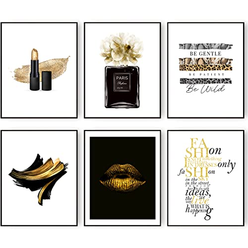 Gorgeous Black and Gold Fashion Art Prints Room Decor Glam Golden Lips Flower Lipstick Perfume Bottle Art Poster Designer Artwork Home Art Decor 8x10 Zoll (20.3x25.4cm) Ungerahmt von HoozGee