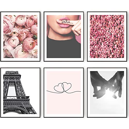 HoozGee Wandkunstdrucke Paris-Dekor für Schlafzimmer, rosa Blume, Wanddekoration, Linie, minimalistisch, hält Hände, Mode, Bilder, Raumdekoration 8x10 Zoll (20.3x25.4cm) Ungerahmt von HoozGee