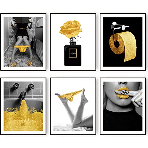 Modische Wandkunstdrucke Badezimmer Dekor Set von 6 Gold Glam Glitter Tissue Leinwand Poster Bilder Fotos Badezimmer Kunstwerk Wand Schwarz und Weiß Moderne Frauen Lustiges Badezimmer (27,9 x 35,6 von HoozGee