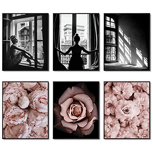 HoozGee Romantische Rosen Modische Wandkunstdrucke Satz Schwarz Weiß Pinken Wandkunst Leinwandbild Poster Drucke Wohnzimmer Schlafzimmer Heimdekoration Wand Dekor 11x14 Zoll (27.9x35.6cm) Ungerahmt von HoozGee