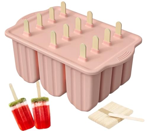 Hopeas Eisformen Silikon Eis am Stiel Formen, BPA Frei 12 Eisformen Popsicle Formen, Stieleisformen mit 50 holzstiel (Rosa) von Hopeas