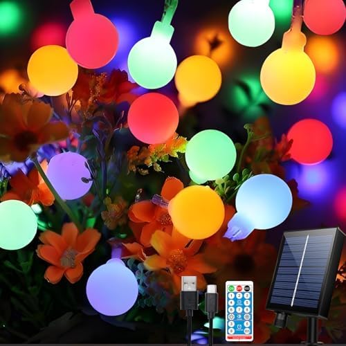 10m 100 LED Kugeln Solar Lichterkette Aussen Bunt, 8 Modi Lichterkette Außen Solar Wetterfest, Lichterkette Außen mit Fernbedienung und Timer, Dimmbar, für Weihnachtsbaum, Hochzeit, Party von Hopelit