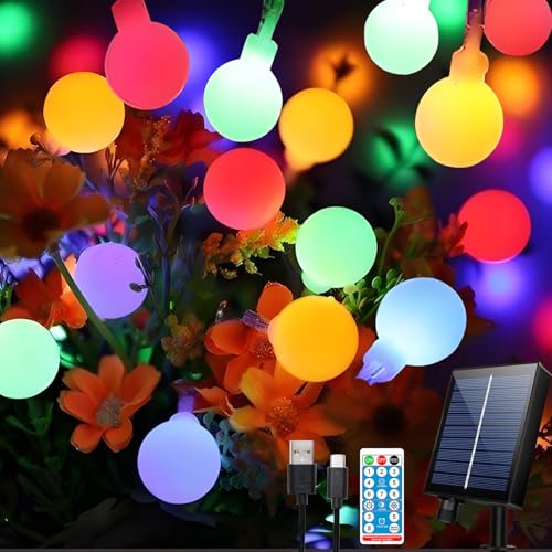 5m 50 LED Kugeln Solar Lichterkette Aussen Bunt, 8 Modi Lichterkette Außen Solar Wetterfest, Lichterkette Außen mit Fernbedienung und Timer, Dimmbar, für Weihnachtsbaum, Hochzeit, Party von Hopelit