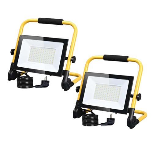 Hopelit 2 Stück LED Baustrahler 100W Warmweiß, LED Strahler Außen Arbeitsleuchte mit Stecker und Rutschfest Faltbarer Ständer, IP66 Wasserdicht Baustrahler für Werkstatt, Baustelle, Garage von Hopelit