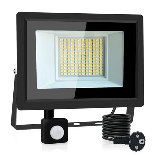 Hopelit 50W LED Strahler Mit Bewegungsmelder Und Stecker,6500K Kaltweiß Superhell Scheinwerfer IP66 Wasserdicht Außenleuchte, Led Strahler Außen Für Garten, Garage, Hof,Patio von Hopelit