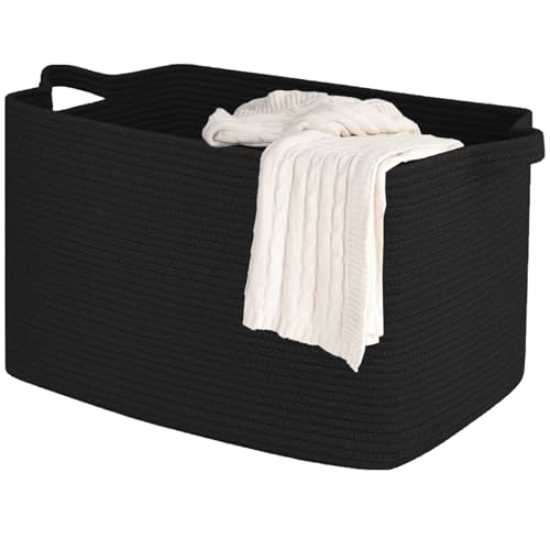 Hopelit Baumwollseil Aufbewahrungskorb Square(63L, Schwarz), Aufbewahrungskorb Kinder mit Griffen, Korb Aufbewahrung Groß Faltbarer Wäschekorb Baumwollseil Für Badezimmer Kinderzimmer von Hopelit