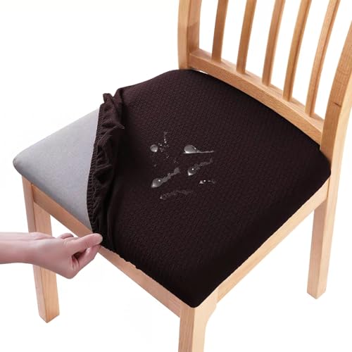 Hopelit Esszimmerstühle Stuhlhussen 4er Set, Jacquard Esszimmerstuhl Sitzbezüge, TPU Folie Stuhlbezug Wasserdicht, Abnehmbare Waschbar Stretch für Küche, Restaurant, Party - Kariert Kaffee von Hopelit