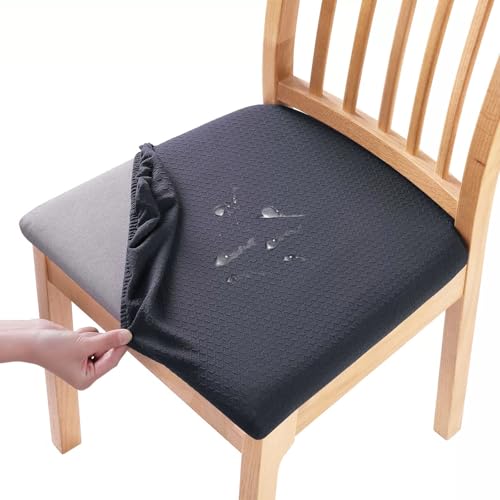 Hopelit Esszimmerstühle Stuhlhussen 4er Set, Jacquard Esszimmerstuhl Sitzbezüge, TPU Folie Stuhlbezug Wasserdicht, Abnehmbare Waschbar Stretch für Küche, Restaurant, Party - Kariert Dunkelgrau von Hopelit