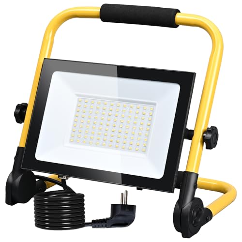 Hopelit LED Baustrahler 100W Warmweiß, Baustrahler LED Arbeitsleuchte mit Stecker und Rutschfest Faltbarer Ständer, Baustellenlampe Wasserdichtes IP66 für Garage, Baustelle etc. von Hopelit