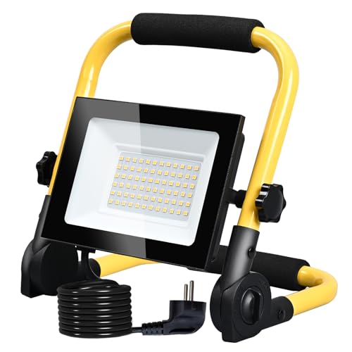 Hopelit LED Baustrahler 50W Warmweiß, Baustrahler LED Arbeitsleuchte mit Stecker und Rutschfest Faltbarer Ständer, Baustellenlampe Wasserdichtes IP66 für Garage, Baustelle etc. von Hopelit