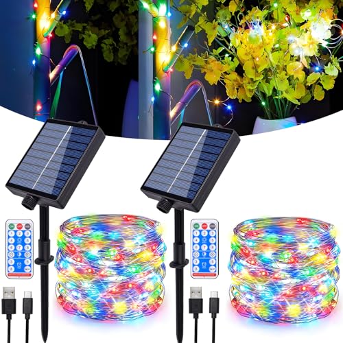 Hopelit Solar Lichterkette Aussen (2 Stk), 20m 200LEDs Lichterkette Außen Solar Lichterkette Kupferdraht IP65 Wasserdicht mit Fernbedienung 8 Modi Für Weihnachtsdeko Balkon Deko - Bunt von Hopelit