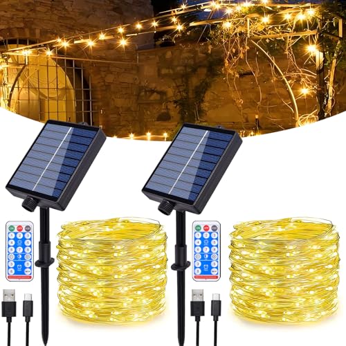 Hopelit Solar Lichterkette Aussen (2 Stk), 20m 200LEDs Lichterkette Außen Solar Lichterkette Kupferdraht IP65 Wasserdicht mit Fernbedienung 8 Modi Für Weihnachtsdeko Balkon Deko - Warmweiß von Hopelit
