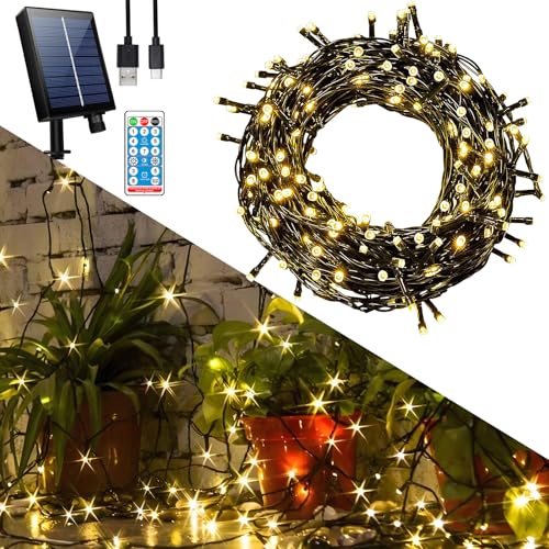 Hopelit Solar Lichterkette Aussen 10M 100 LED Warmweiß mit Fernbedienung und Timer, 8 Modi, Lichterkette Außen Solar für Garten, Terrassen, Halloween und Weihnachten, Party Deko, etc von Hopelit