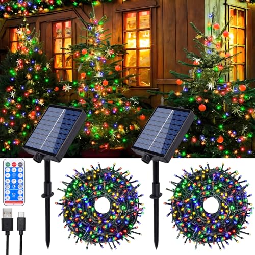 Hopelit Solar Lichterkette Aussen 20m Bunt, Lichterkette Außen Solar mit Fernbedienung & Timer, 8 Modi Lichterkette Weihnachtsbaum Wasserdicht Für Garten Deko Balkon Deko - 2 Stück von Hopelit