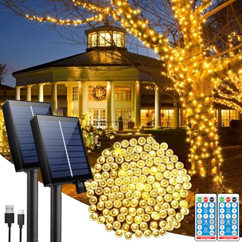 Hopelit Solar Lichterkette Aussen 20m Warmweiß, Lichterkette Außen Solar mit Fernbedienung & Timer, 8 Modi Lichterkette Weihnachtsbaum Wasserdicht Für Garten Deko Balkon Deko - 2 Stück von Hopelit