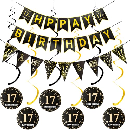 Happy 17th Birthday Banner +Dreiecksflaggen Happy Birthday Girlanden+ 17 Geburtstag Hängedeko Spiralen Set, Schwarz Gold 17.Geburtstag deko für Mädchen Junge,17. Geburtstag Hängedeko Deckenhänger von Hopewey