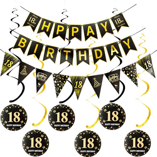 Happy 18th Birthday Banner +Dreiecksflaggen Happy Birthday Girlanden+ 18 Geburtstag Hängedeko Spiralen Set, Schwarz Gold 18.Geburtstag deko für Mädchen Junge,18. Hängedeko Deckenhänger von Hopewey