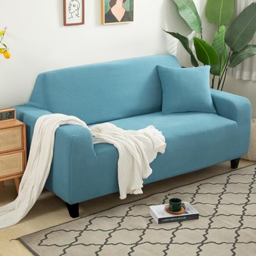 Hopfen Sofaschoner Himmelblau Sofaüberwurf Weich Spandex Sofaschoner rutschfest Couch Überwurf Waschbare Sofa Überzug Sofabezug mit Elastischen Riemen Sofabezug L Form Pflegeleicht 2 Sitzer von Hopfen