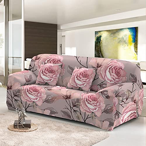 Hopfen Sofaschoner Rosa Graue Blumen Sofaüberwurf Weich Spandex Sofaschoner rutschfest Couch Überwurf Waschbare Sofa Überzug Sofabezug mit Elastischen Riemen Sofabezug L Form Pflegeleicht 2 Sitzer von Hopfen