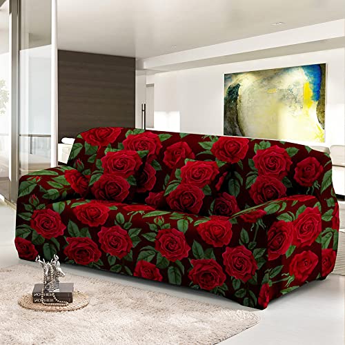 Hopfen Sofaschoner Rote Grüne Rose Sofaüberwurf Weich Spandex Sofaschoner rutschfest Couch Überwurf Waschbare Sofa Überzug Sofabezug mit Elastischen Riemen Sofabezug L Form Universelle 3 Sitzer von Hopfen