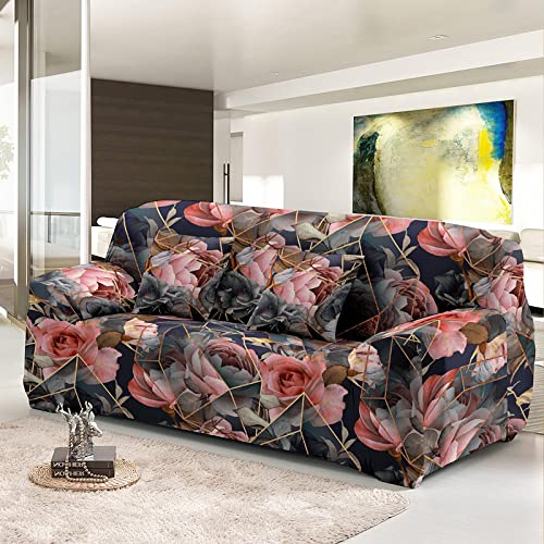 Hopfen Sofaschoner Schwarze Rosa Blumen Sofaüberwurf Weich Spandex Sofaschoner rutschfest Couch Überwurf Waschbare Sofa Überzug Sofabezug mit Elastischen Riemen Sofabezug L Form Pflegeleicht 2 Sitzer von Hopfen