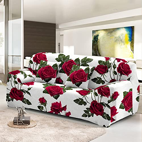 Hopfen Sofaschoner Weiße Rote Rose Sofaüberwurf Weich Spandex Sofaschoner rutschfest Couch Überwurf Waschbare Sofa Überzug Sofabezug mit Elastischen Riemen Sofabezug L Form Pflegeleicht 2 Sitzer von Hopfen