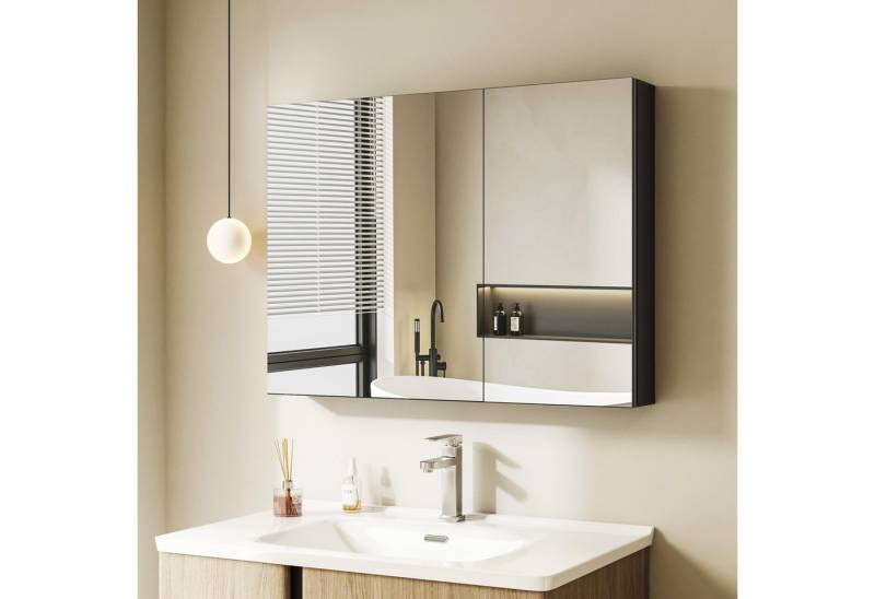 Hopibath Badezimmerspiegelschrank Alu Spiegelschrank Schwarz 2türig 80x60cm 1 türig 50x70 40x60cm (Rechteckig Eckig Wandschrank Badezimmer Badschrank, Doppelseitiger Spiegel) Verstellbare Glasböden, Softclose-Scharnieren von Hopibath