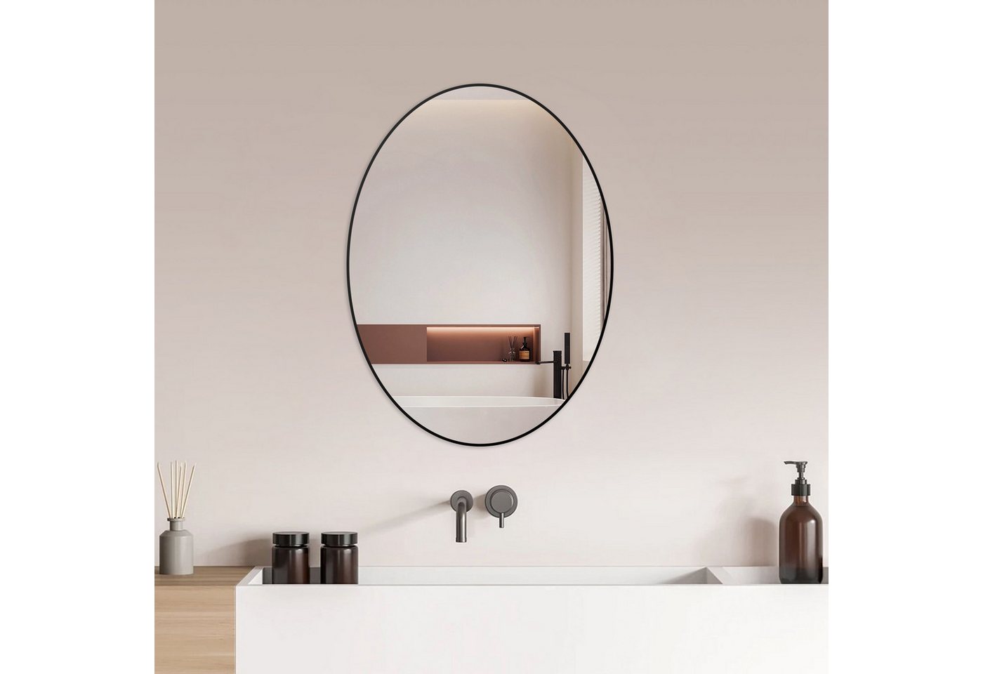 Hopibath Badspiegel mit Alurahmen Wandspiegel Schwarz (Oval, 50x70, 80x60cm), 5mm Bleifreier Spiegel, mit explosionsgeschützte membran von Hopibath