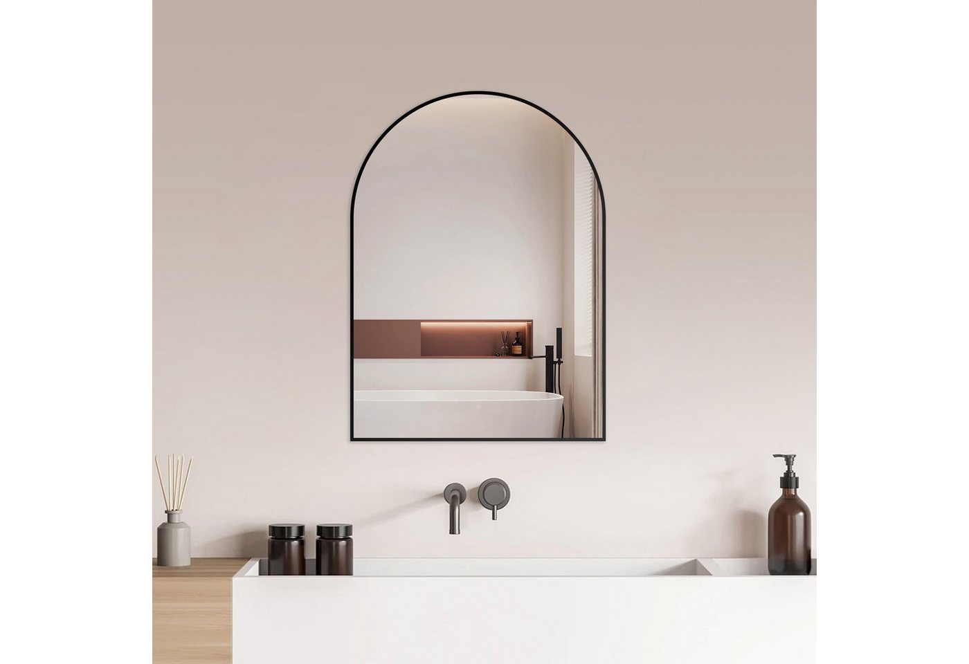 Hopibath Badspiegel mit Alurahmen Wandspiegel Schwarz (Rundbogen, 60x80, 50x70cm), 5mm Bleifreier Spiegel, mit explosionsgeschützte membran von Hopibath
