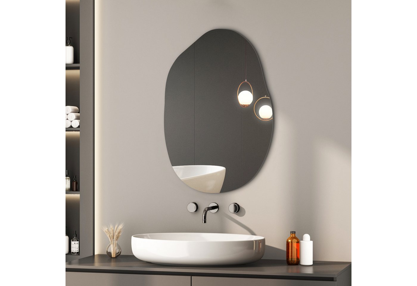 Hopibath Badspiegel ohne Beleuchtung Badezimmerspiegel Rahmenlos (Design Spiegel Asymmetrisch, 1-St., Kieselstein, 55x80cm), für Schminktisch Schlafzimmer Wohnzimmer Flur Hotel von Hopibath