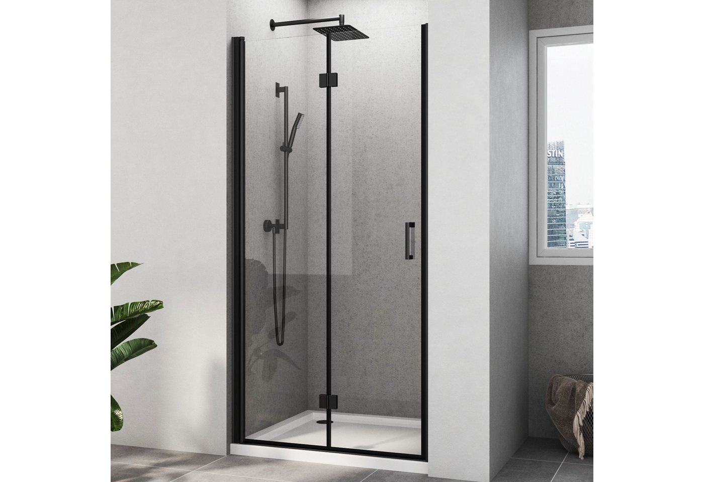 Hopibath Dusch-Falttür Duschtür Schwarz faltbar Duschwand für dusche 5mm NANO Glas, 90x195 cm, Sicherheitsglas, (Nischentür Scharniertür, B:120/100/90cm, H:195cm) mit Alu-Bodenleiste, Magnetverschluss von Hopibath
